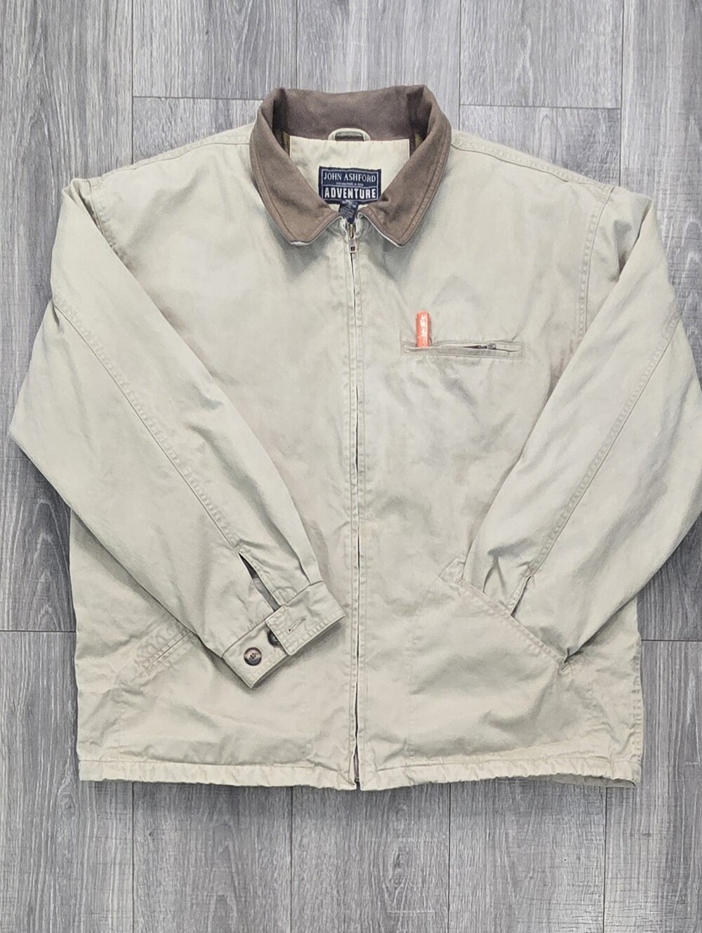 John Ashford Adventure Men's XL Beige Canvas Jacket Plaid Lined.